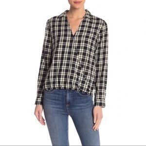 Madewell Arion Black White Check Plaid Wrap Top Shirt Cotton XS Long Sleeves